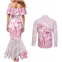 Pink White Polynesia Floral Sea Turtle Couples Matching Mermaid Dress and Long Sleeve Button Shirt LT14 - Polynesian Pride