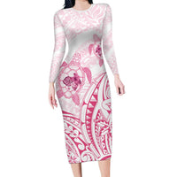 Pink White Polynesia Floral Sea Turtle Family Matching Long Sleeve Bodycon Dress and Hawaiian Shirt - Polynesian Pride