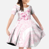 Pink White Polynesia Floral Sea Turtle Family Matching Off Shoulder Short Dress and Hawaiian Shirt - Polynesian Pride
