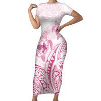 Pink White Polynesia Floral Sea Turtle Family Matching Short Sleeve Bodycon Dress and Hawaiian Shirt - Polynesian Pride