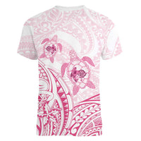 Pink White Polynesia Floral Sea Turtle Women V-Neck T-Shirt - Polynesian Pride