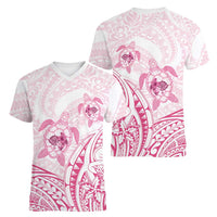 Pink White Polynesia Floral Sea Turtle Women V-Neck T-Shirt - Polynesian Pride