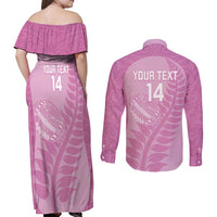 Custom New Zealand Silver Fern Rugby 2025 Couples Matching Off Shoulder Maxi Dress and Long Sleeve Button Shirt All Black Aotearoa Maori Pink LT14 - Polynesian Pride