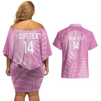 Custom New Zealand Silver Fern Rugby 2025 Couples Matching Off Shoulder Short Dress and Hawaiian Shirt All Black Aotearoa Maori Pink LT14 - Polynesian Pride