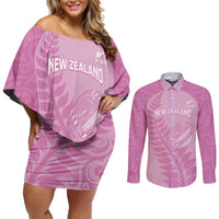 Custom New Zealand Silver Fern Rugby 2025 Couples Matching Off Shoulder Short Dress and Long Sleeve Button Shirt All Black Aotearoa Maori Pink LT14 Pink - Polynesian Pride