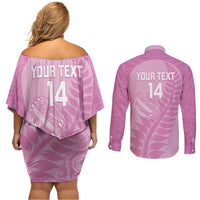 Custom New Zealand Silver Fern Rugby 2025 Couples Matching Off Shoulder Short Dress and Long Sleeve Button Shirt All Black Aotearoa Maori Pink LT14 - Polynesian Pride
