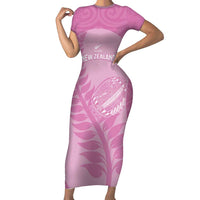 Custom New Zealand Silver Fern Rugby 2025 Short Sleeve Bodycon Dress All Black Aotearoa Maori Pink LT14 Long Dress Pink - Polynesian Pride