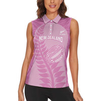Custom New Zealand Silver Fern Rugby 2025 Women Sleeveless Polo Shirt All Black Aotearoa Maori Pink LT14 - Polynesian Pride