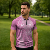 Custom New Zealand Silver Fern Rugby 2025 Zipper Polo Shirt All Black Aotearoa Maori Pink LT14 - Polynesian Pride