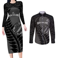Custom New Zealand Silver Fern Rugby 2025 Couples Matching Long Sleeve Bodycon Dress and Long Sleeve Button Shirt Go Champions Aotearoa Maori Black LT14 Black - Polynesian Pride