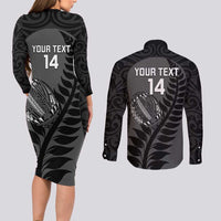 Custom New Zealand Silver Fern Rugby 2025 Couples Matching Long Sleeve Bodycon Dress and Long Sleeve Button Shirt Go Champions Aotearoa Maori Black LT14 - Polynesian Pride