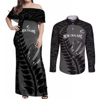 Custom New Zealand Silver Fern Rugby 2025 Couples Matching Off Shoulder Maxi Dress and Long Sleeve Button Shirt Go Champions Aotearoa Maori Black LT14 Black - Polynesian Pride