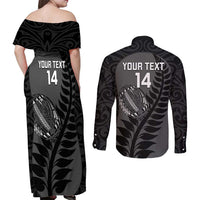 Custom New Zealand Silver Fern Rugby 2025 Couples Matching Off Shoulder Maxi Dress and Long Sleeve Button Shirt Go Champions Aotearoa Maori Black LT14 - Polynesian Pride