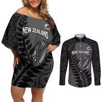 Custom New Zealand Silver Fern Rugby 2025 Couples Matching Off Shoulder Short Dress and Long Sleeve Button Shirt Go Champions Aotearoa Maori Black LT14 Black - Polynesian Pride