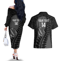 Custom New Zealand Silver Fern Rugby 2025 Couples Matching Off The Shoulder Long Sleeve Dress and Hawaiian Shirt Go Champions Aotearoa Maori Black LT14 - Polynesian Pride