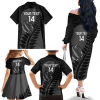 Custom New Zealand Silver Fern Rugby 2025 Family Matching Off The Shoulder Long Sleeve Dress and Hawaiian Shirt Go Champions Aotearoa Maori Black LT14 - Polynesian Pride