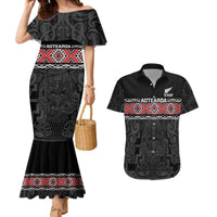 Custom New Zealand Silver Fern Rugby Couples Matching Mermaid Dress and Hawaiian Shirt All Black Maori Taniko Pattern LT14 Black - Polynesian Pride