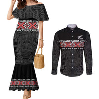 Custom New Zealand Silver Fern Rugby Couples Matching Mermaid Dress and Long Sleeve Button Shirt All Black Maori Taniko Pattern LT14 Black - Polynesian Pride