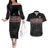 Custom New Zealand Silver Fern Rugby Couples Matching Off The Shoulder Long Sleeve Dress and Hawaiian Shirt All Black Maori Taniko Pattern LT14 Black - Polynesian Pride