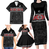 Custom New Zealand Silver Fern Rugby Family Matching Long Sleeve Bodycon Dress and Hawaiian Shirt All Black Maori Taniko Pattern LT14 - Polynesian Pride