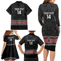 Custom New Zealand Silver Fern Rugby Family Matching Long Sleeve Bodycon Dress and Hawaiian Shirt All Black Maori Taniko Pattern LT14 - Polynesian Pride
