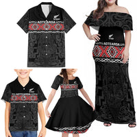 Custom New Zealand Silver Fern Rugby Family Matching Off Shoulder Maxi Dress and Hawaiian Shirt All Black Maori Taniko Pattern LT14 - Polynesian Pride