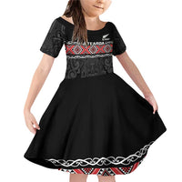 Custom New Zealand Silver Fern Rugby Family Matching Off Shoulder Short Dress and Hawaiian Shirt All Black Maori Taniko Pattern LT14 Daughter's Dress Black - Polynesian Pride
