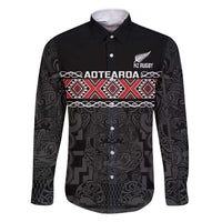 Custom New Zealand Silver Fern Rugby Family Matching Short Sleeve Bodycon Dress and Hawaiian Shirt All Black Maori Taniko Pattern LT14 Dad's Shirt - Long Sleeve Black - Polynesian Pride