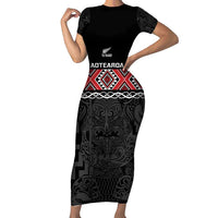 Custom New Zealand Silver Fern Rugby Family Matching Short Sleeve Bodycon Dress and Hawaiian Shirt All Black Maori Taniko Pattern LT14 Mom's Dress Black - Polynesian Pride