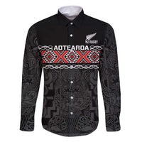 Custom New Zealand Silver Fern Rugby Family Matching Summer Maxi Dress and Hawaiian Shirt All Black Maori Taniko Pattern LT14 Dad's Shirt - Long Sleeve Black - Polynesian Pride