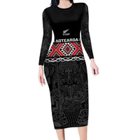 Custom New Zealand Silver Fern Rugby Long Sleeve Bodycon Dress All Black Maori Taniko Pattern