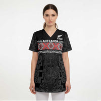 Custom New Zealand Silver Fern Rugby Scrub Top All Black Maori Taniko Pattern - Polynesian Pride