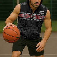 Custom New Zealand Silver Fern Rugby Sleeveless Zip Hoodie All Black Maori Taniko Pattern - Polynesian Pride