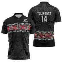 Custom New Zealand Silver Fern Rugby Zipper Polo Shirt All Black Maori Taniko Pattern - Polynesian Pride