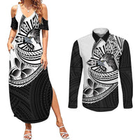 Philippines Eagle Sun Couples Matching Summer Maxi Dress and Long Sleeve Button Shirt Filipino Agila Polynesian Tattoo Black Color