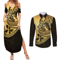 Philippines Eagle Sun Couples Matching Summer Maxi Dress and Long Sleeve Button Shirt Filipino Agila Polynesian Tattoo Gold Color LT14 Gold - Polynesian Pride