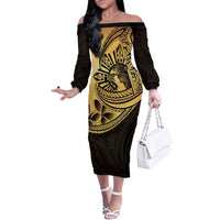 Philippines Eagle Sun Family Matching Off The Shoulder Long Sleeve Dress and Hawaiian Shirt Filipino Agila Polynesian Tattoo Gold Color LT14 Mom's Dress Gold - Polynesian Pride