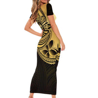 Philippines Eagle Sun Short Sleeve Bodycon Dress Filipino Agila Polynesian Tattoo Gold Color