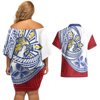 Philippines Eagle Sun Couples Matching Off Shoulder Short Dress and Hawaiian Shirt Filipino Agila Polynesian Tattoo Flag Color