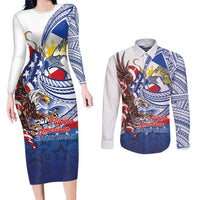 Filipino American History Month Couples Matching Long Sleeve Bodycon Dress and Long Sleeve Button Shirt Philippines Agila USA Eagle Mix Flag LT14 Blue - Polynesian Pride