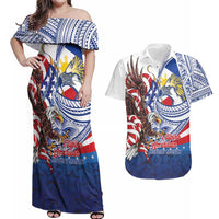 Filipino American History Month Couples Matching Off Shoulder Maxi Dress and Hawaiian Shirt Philippines Agila USA Eagle Mix Flag LT14 Blue - Polynesian Pride