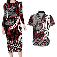Personalised Aotearoa Bulldog Couples Matching Long Sleeve Bodycon Dress and Hawaiian Shirt New Zealand Maori Taniko Art LT14 Red - Polynesian Pride