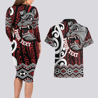 Personalised Aotearoa Bulldog Couples Matching Long Sleeve Bodycon Dress and Hawaiian Shirt New Zealand Maori Taniko Art LT14 - Polynesian Pride