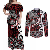 Personalised Aotearoa Bulldog Couples Matching Off Shoulder Maxi Dress and Long Sleeve Button Shirt New Zealand Maori Taniko Art LT14 Red - Polynesian Pride