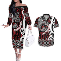 Personalised Aotearoa Bulldog Couples Matching Off The Shoulder Long Sleeve Dress and Hawaiian Shirt New Zealand Maori Taniko Art LT14 Red - Polynesian Pride