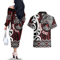 Personalised Aotearoa Bulldog Couples Matching Off The Shoulder Long Sleeve Dress and Hawaiian Shirt New Zealand Maori Taniko Art LT14 - Polynesian Pride