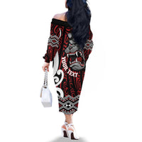 Personalised Aotearoa Bulldog Family Matching Off The Shoulder Long Sleeve Dress and Hawaiian Shirt New Zealand Maori Taniko Art LT14 - Polynesian Pride