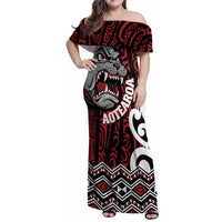 Personalised Aotearoa Bulldog Family Matching Off Shoulder Maxi Dress and Hawaiian Shirt New Zealand Maori Taniko Art LT14 Mom's Dress Red - Polynesian Pride