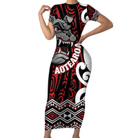 Personalised Aotearoa Bulldog Short Sleeve Bodycon Dress New Zealand Maori Taniko Art LT14 Long Dress Red - Polynesian Pride