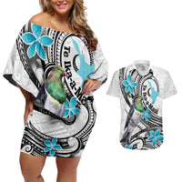Aotearoa Te Ika-a-Maui Couples Matching Off Shoulder Short Dress and Hawaiian Shirt South Island Kekeru Maori Koru LT14 White - Polynesian Pride